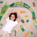 Dinosaur Track Toys, 200+ Pcs Create A Dinosaur World Road Race, Flexible Track Playset with 1 Dinosaur Car,1 Race Car,8 Dinosaurs for 3 4 5 6 Year & Up Old Boys Girls Kids Toddlers Great Gift