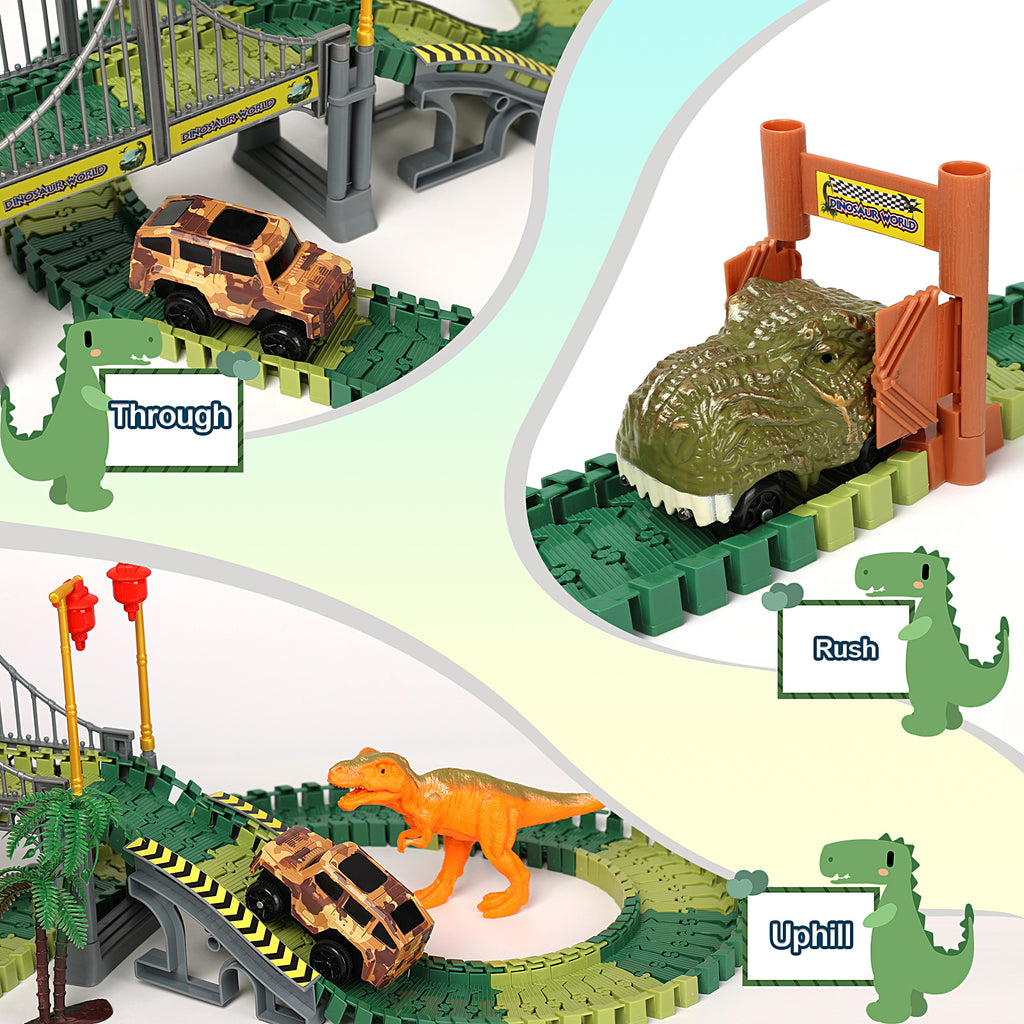 Dinosaur Track Toys with 227PCS Flexible Track, 1 Dinosaur Car, 1 Race Car, 8 Dinosaurs for 3 4 5 6+ Year Old Boys Girls Best Gift, Create A Unique Dinosaur World Road Race