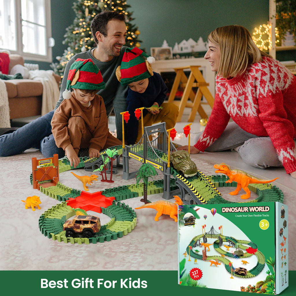 Dinosaur Track Toys with 227PCS Flexible Track, 1 Dinosaur Car, 1 Race Car, 8 Dinosaurs for 3 4 5 6+ Year Old Boys Girls Best Gift, Create A Unique Dinosaur World Road Race