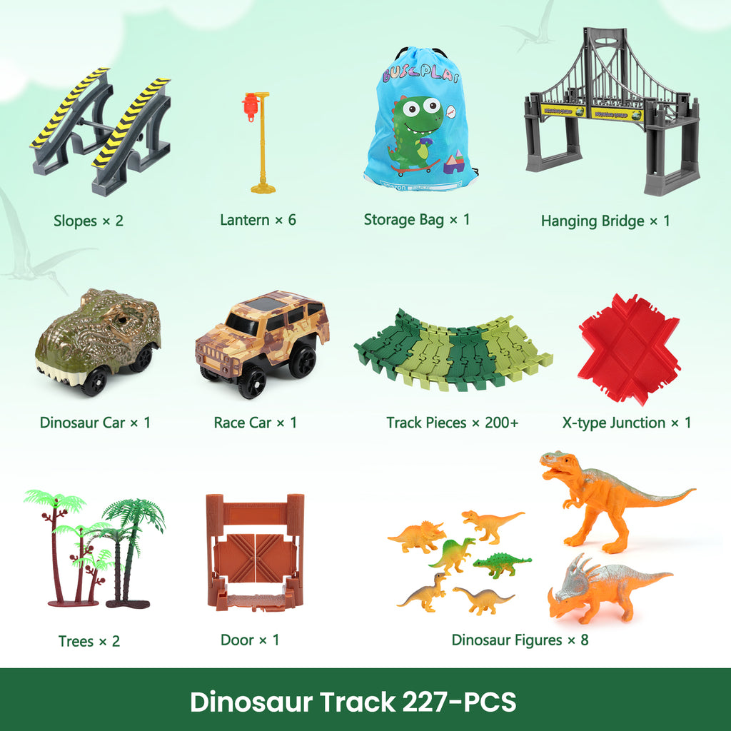 Dinosaur Track Toys with 227PCS Flexible Track, 1 Dinosaur Car, 1 Race Car, 8 Dinosaurs for 3 4 5 6+ Year Old Boys Girls Best Gift, Create A Unique Dinosaur World Road Race