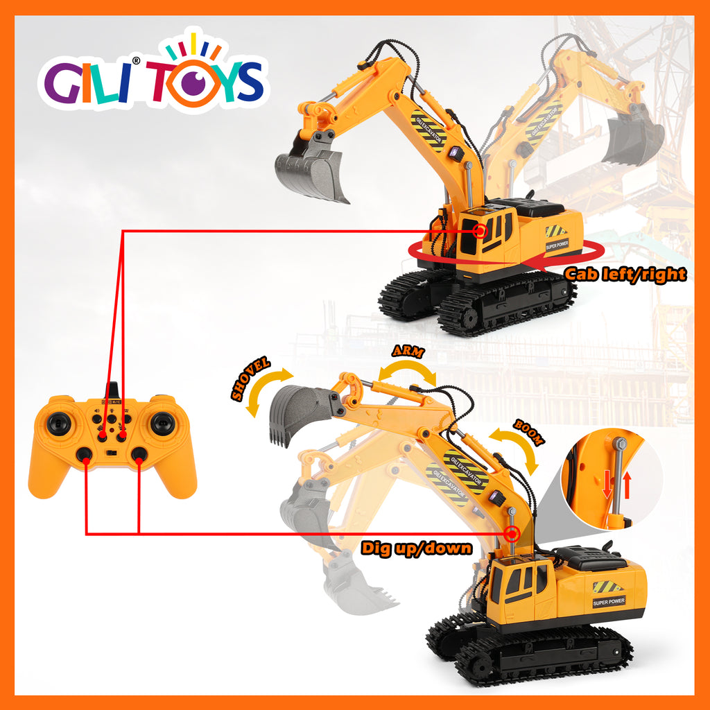Gili Remote Control Excavator Toy RC Construction Digger Toys for Boys 3 4 5 6 7 8 Year Old