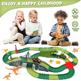 Dinosaur Track Toys, 200+ Pcs Create A Dinosaur World Road Race, Flexible Track Playset with 1 Dinosaur Car,1 Race Car,8 Dinosaurs for 3 4 5 6 Year & Up Old Boys Girls Kids Toddlers Great Gift